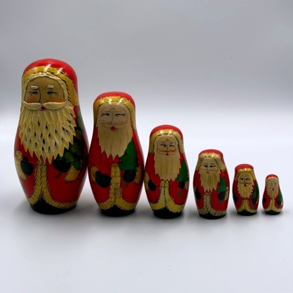 Vintage Russian Nesting Dolls Santa Claus 6 Piece Matryoshka Set Hand Painted 7"